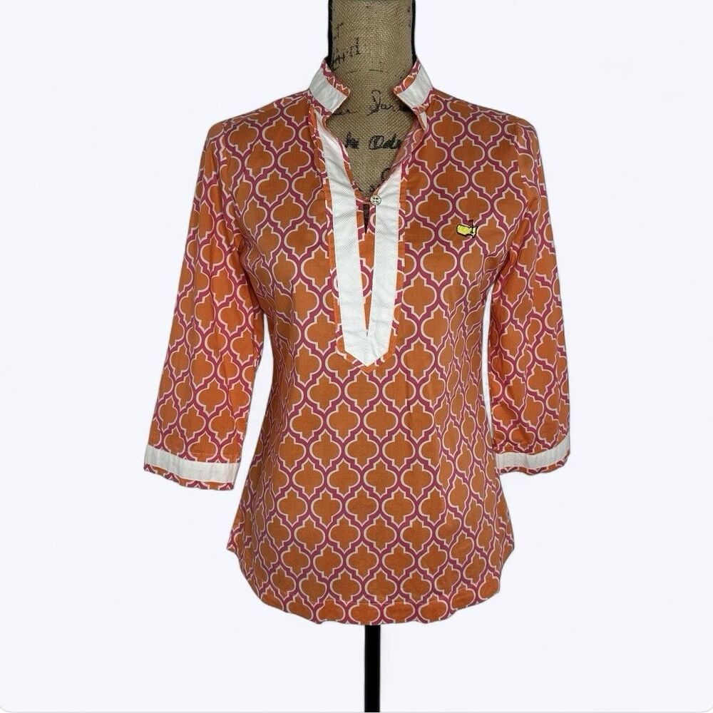 Magnolia Lane Masters Collection Tunic Top Sz XS Orange Geometric Golf Preppy‎